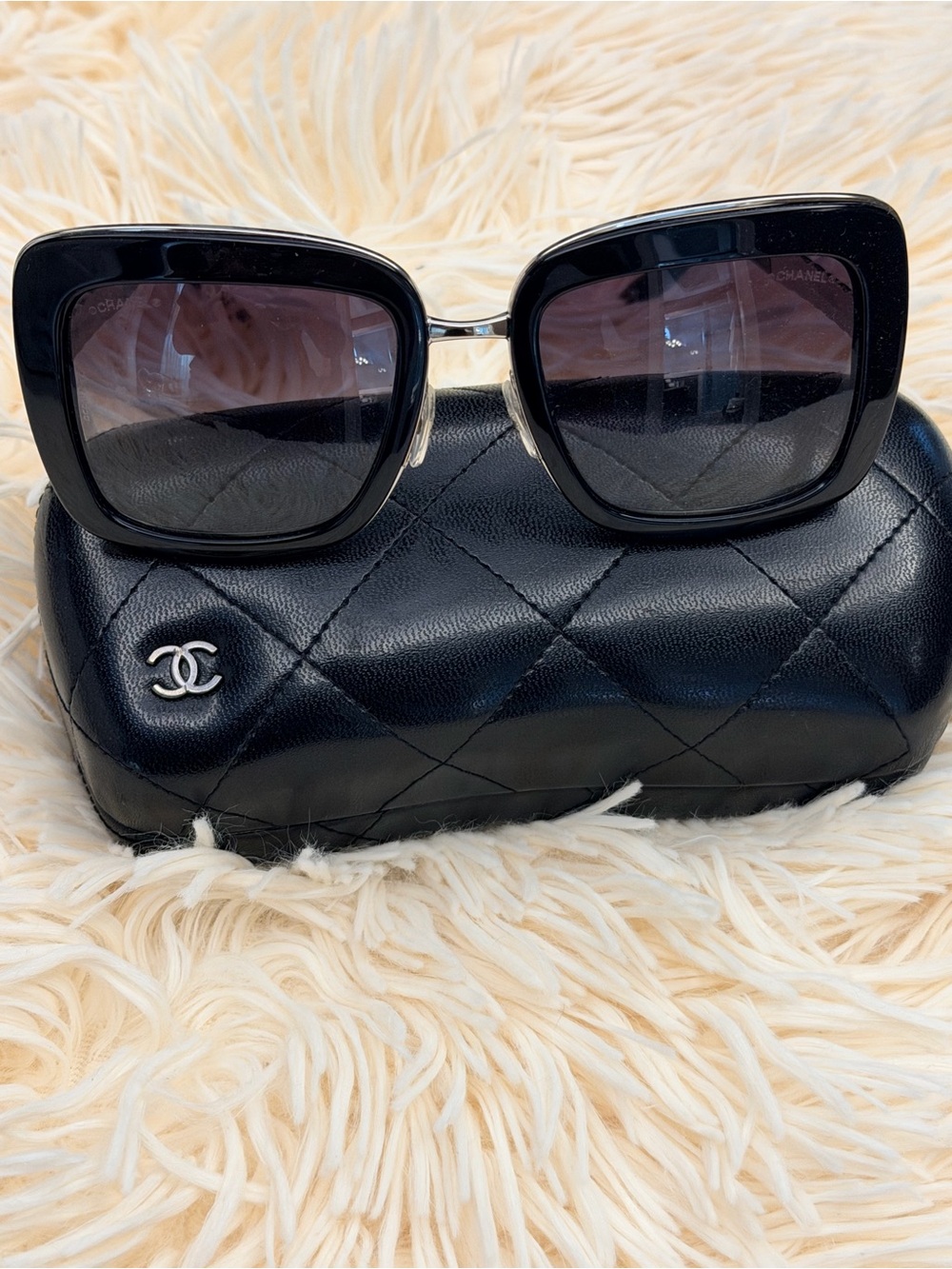 CHANEL Black Gloss Oversized Square Sunglasses with Quilted Case